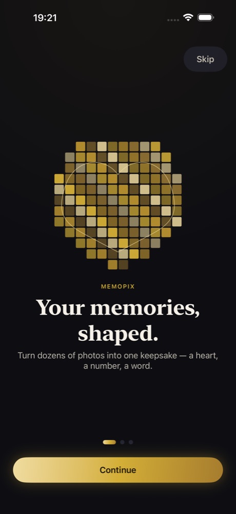 Memopix onboarding with golden heart mosaic