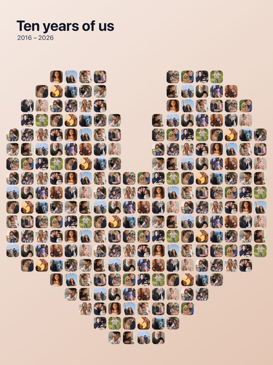 A heart-shaped photo collage made from dozens of family photos