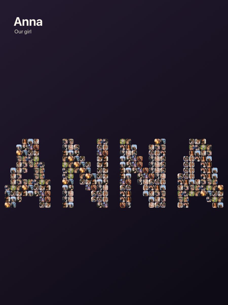 A photo collage spelling the name ANNA, made of family photos