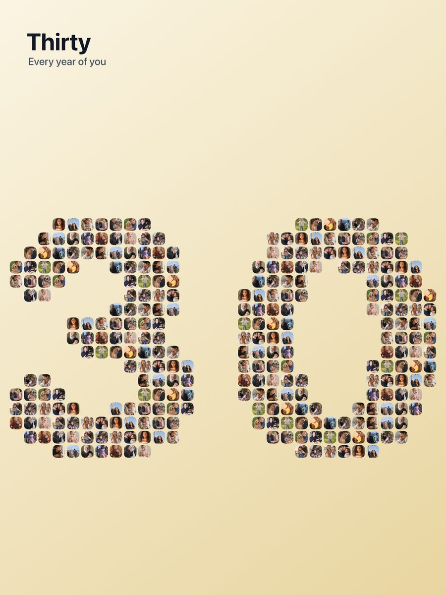 A birthday photo collage in the shape of the number 30, titled Thirty