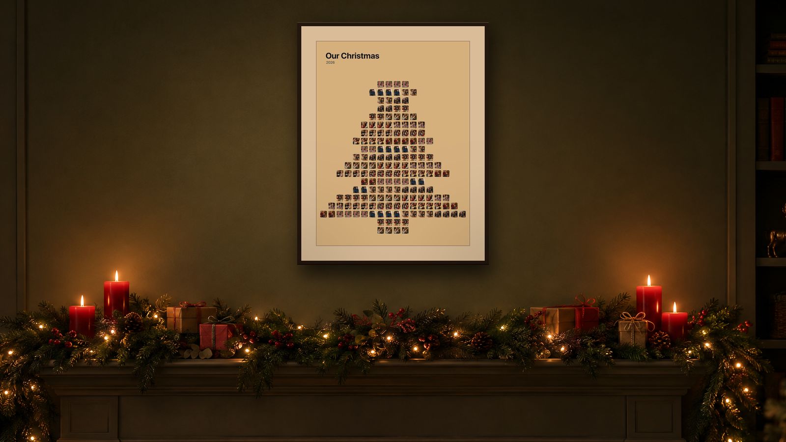 A Christmas-tree photo collage titled Our Christmas, framed above a fireplace decorated with garland and fairy lights