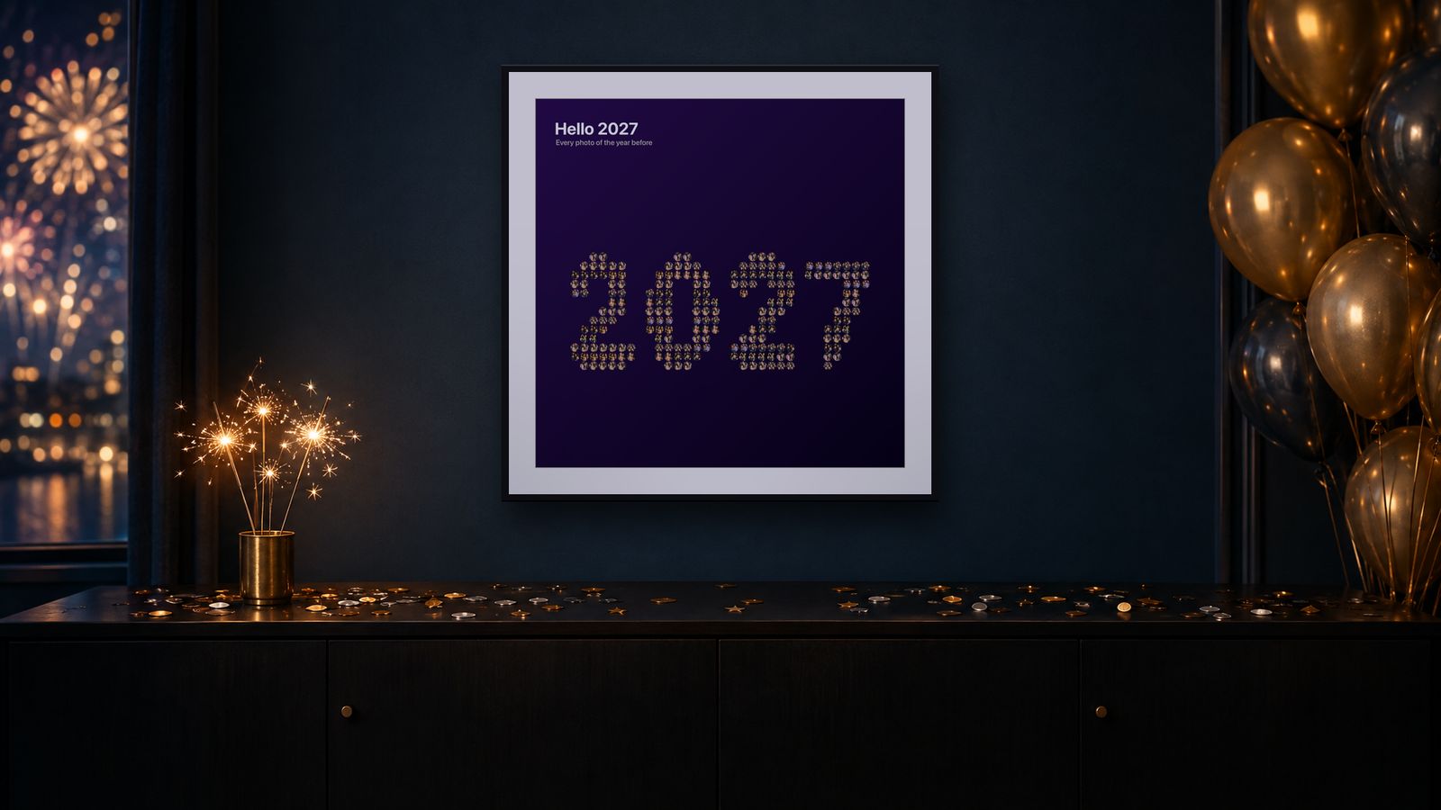 A photo collage spelling 2027 made of party photos, framed in a dark room with sparklers and fireworks