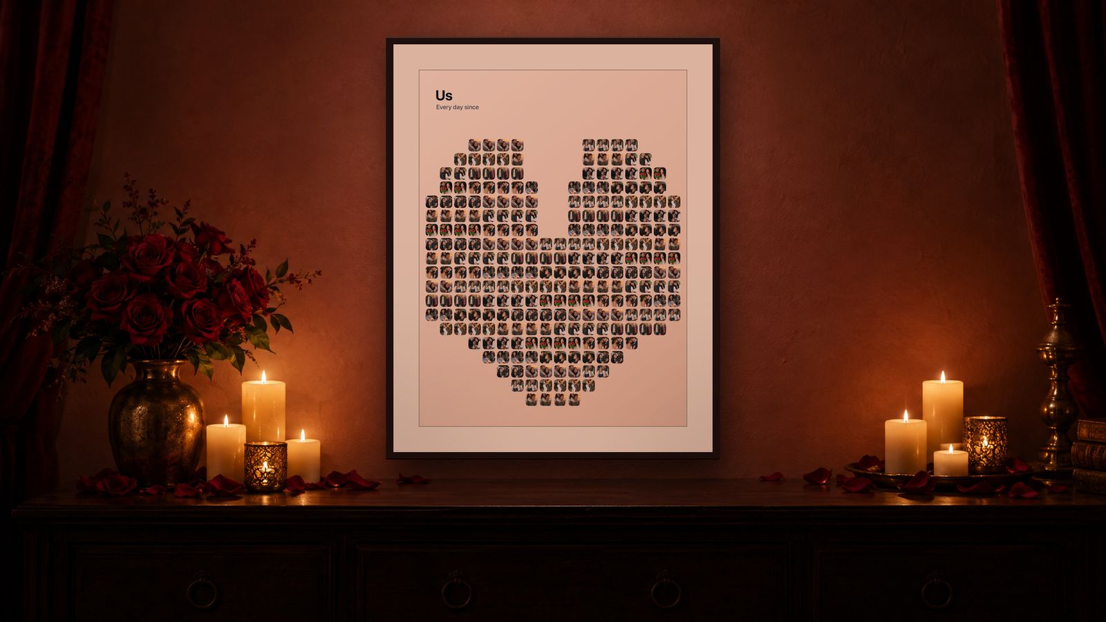 A heart-shaped photo collage of a couple titled Us, framed on a candlelit wall with red roses